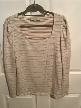 LOFT Cream Striped Scoop Neck Long Sleeve Top Size L EUC